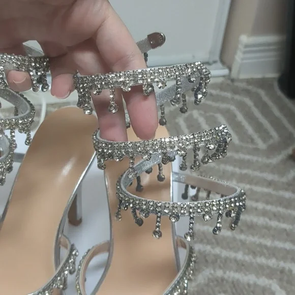 Silver Rhinestone Snake Wrap Peep Toe Stiletto Heels - Picture 3 of 9